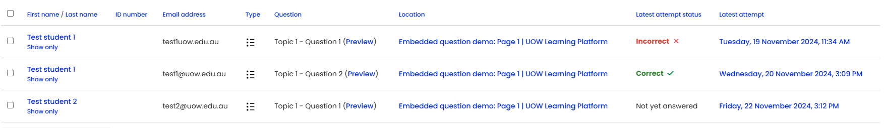 Embedded question progress report